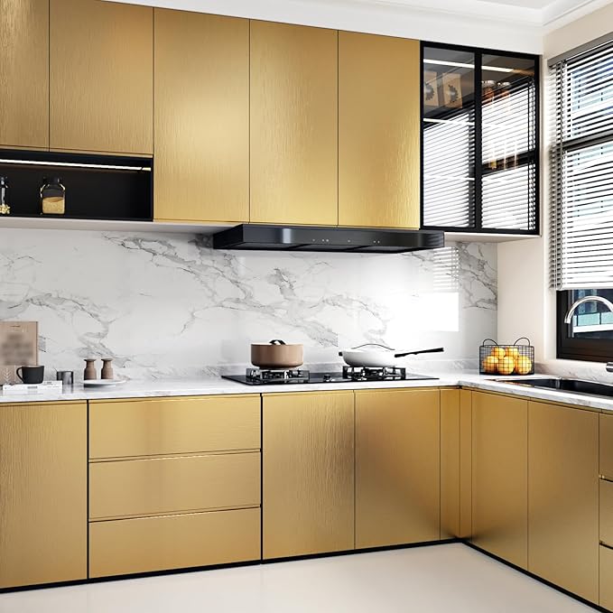 WESTICK Gold Textured Stainless Steel Contact Paper Waterproof Metallic Gold Wallpaper Peel and Stick Countertops Vinyl Refrigerator Wrap Contact Paper for Kitchen Cabinets Drawers Fridge 12"x80" - Image 2