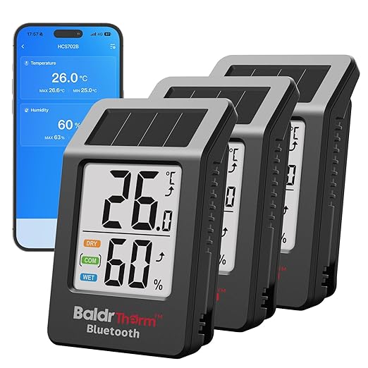 BaldrTherm Bluetooth Thermometer Wireless, Smart Thermometer with App Control, 200ft Coverage, Offline Storage, Trend Charts, Real-Time Alerts for Home, Pet Cage, Indoor/Outdoor Use, Black, 3pack by BaldrTherm