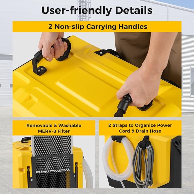 COSTWAY 190 PPD Commercial Dehumidifier with Pump, Rotational Molded Crawl Space Dehumidifier with 26Ft Drain Hose for Water Damage Restoration, Basement (Yellow) - Image 2