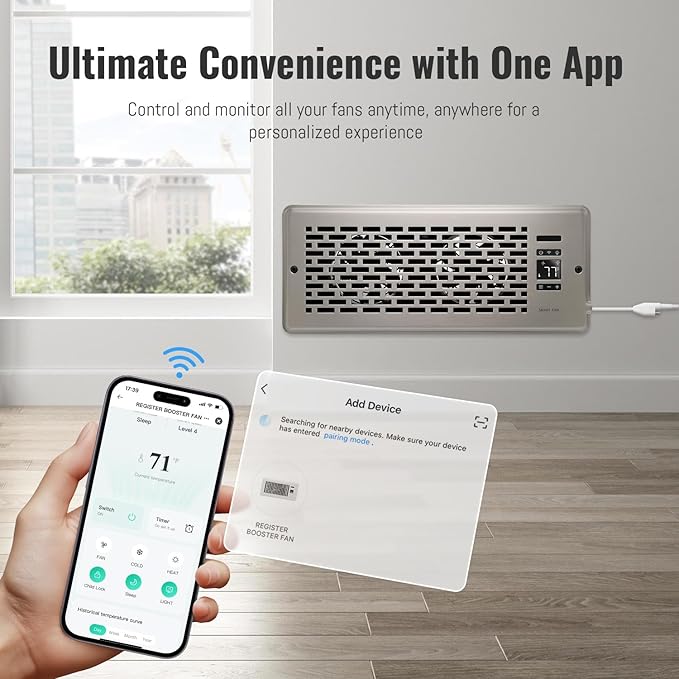 Register Booster Fan for 4" x 12" Register Holes, Quiet Vent Fan Booster with Intelligent Thermostat, Improves Heating Cooling, App Control, 10-Speeds, Manhattan Smart Register Vent, SN - Image 2