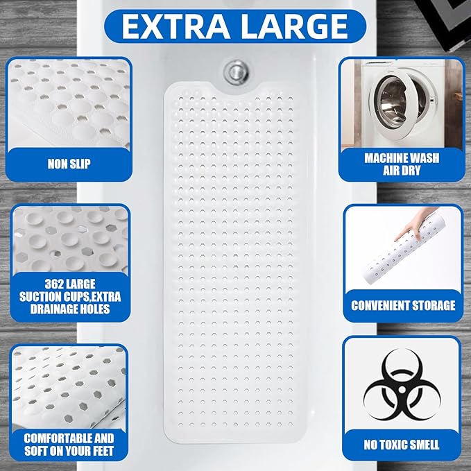 ZHICHENG Bath Tub and Shower Mats, Non-Slip 39 x 16 Inch Extra Long Bath Mat, Machine Washable Bathtub Mat with Drain Holes, Suction Cups for Bathroom (White) - Image 3