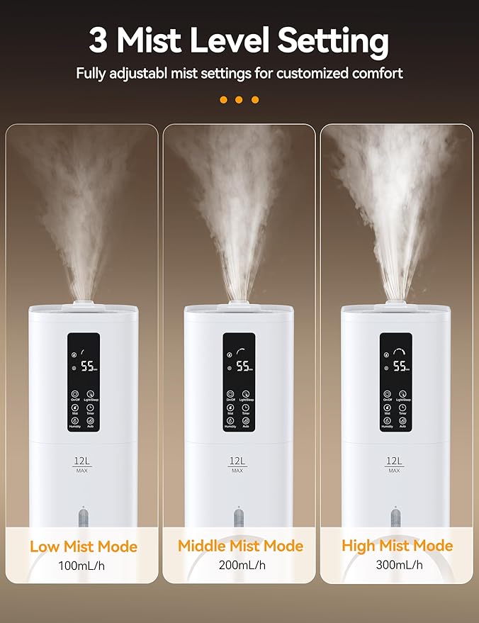VAGKRI 12L Humidifiers for Large Room, Last 120 Hours, Cover up to 1000ft², Top Fill Ultrasonic Cool Mist Humidifier, 3 Mist Level, 24H Timer, Essential Oil Diffuser Humidifiers For Bedroom, Home - Image 4