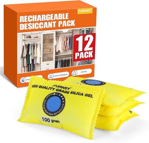 100g (12 Packs) Rechargeable Desiccant Packs for Storage, Color Indicating Silica Gel Desiccant Packets, Moisture absorbers for storage,Dehumidifier bag for Closets,Cars,Storage Bins by FURWEY