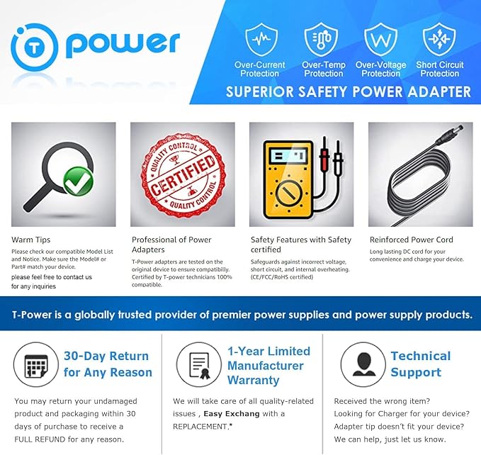 T-Power 6.6ft Long Cable Ac Dc Adapter for Dickson P,N: R157 12V DC Adapter Charger for : Recorder, Temp,Humidity Recorder Data Logger, Flat Panel, Data Logger Chart Recorder - Image 3
