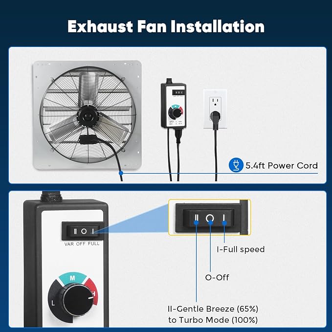 KEN BROWN 24 Inch Shutter Exhaust Fan with Controller Power Cord, Gable Vent Fan, Wall Mount Ventilation, High Speed 4200 CFM, Automatic Aluminum Blades, for Garages, Shop, Greenhouse, Attic - Image 8