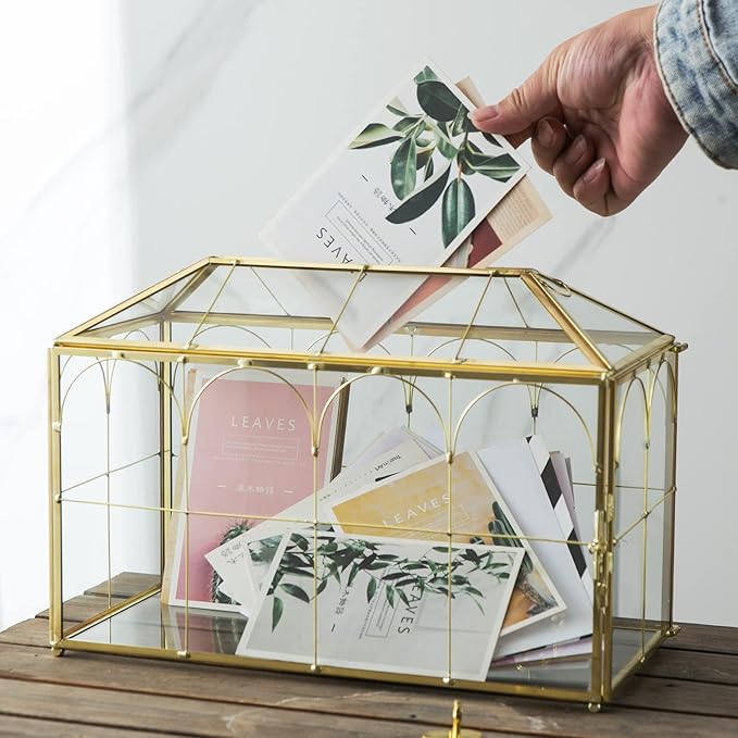 Glass Wedding Card Box with Slot, 12.6 inch Large Clear Card Box Gold Brass Gift Card Storage Box with Lock for Wedding Receptions, Baby Shower, Birthday Party, Bridal Shower - Image 3