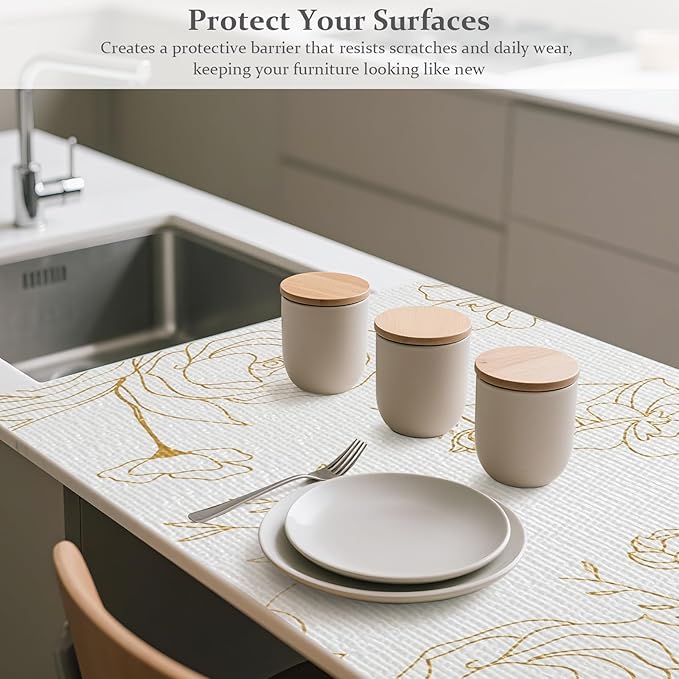 FINNEZ Drawer and Shelf Liner for Kitchen Cabinet Non Adhesive Non Slip 12in x 10FT, Heavy Duty Gripper Cabinet Liners, Waterproof No Residue Easy Cut with Measuring Tape & Cutter Tool (Golden Flower) - Image 4