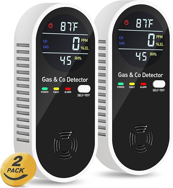 4-in-1 Portable Carbon Monoxide Detectors Plug in – Natural Gas Leak Detector, Methane & CO Alarm with Dual Sensor, Temperature & Humidity Display for Home, RV, Travel, 2 Packs by Unknown