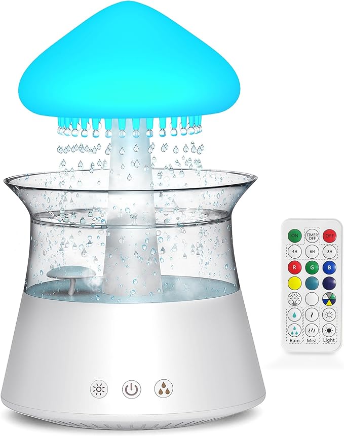 Diffuserlove Cloud Humidifier Rain Water Drip Diffuser Humidifier with Remote Waterfall Lamp Mushroom Humidifier Rain Sounds White Noise Humidifier Air Humidifiers for Bedroom Desk by Diffuserlove