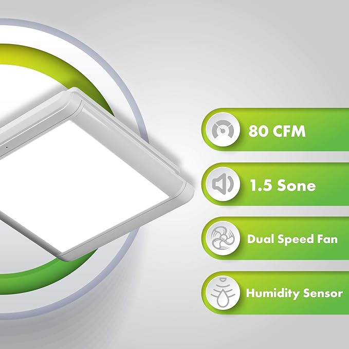 Homewerks 7145-80V-HS Dual Speed Bathroom Exhaust Fan with Integrated Dimmable LED and Automating Humidity Sensor, 1.0-1.5 Sones 80-110 CFM, Smart Moisture White - Image 3