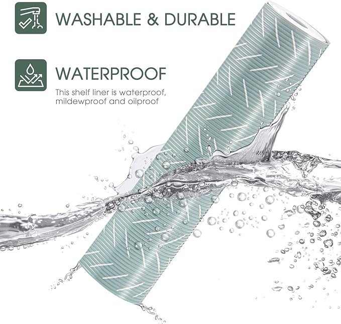 Glotoch Premium Non Slip Shelf Liner, Non Adhesive Drawer Liner, Waterproof Shelf Liners for Kitchen Cabinets, Drawer, Fridge, Wire Shelving, Pantry-17.5" X 360", Heavy Duty, Green Herringbone - Image 3