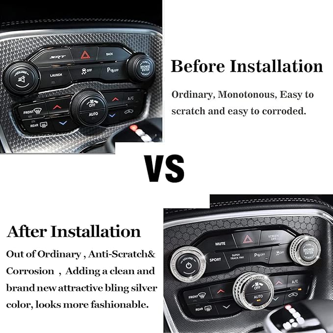 Auprite Climate Control Knob Covers for Challenger Accessories 2015-2023 2024, for Dodge Charger 2015-2023 2024, for Dodge Chrysler 300/300s 2015-2024,3Pcs Kit (Bling Silver) - Image 4