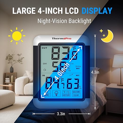 ThermoPro TP65 Indoor Outdoor Thermometer Digital Wireless Hygrometer Temperature Humidity Monitor with Jumbo Touchscreen and Backlight Humidity Gauge,LCD - Image 4