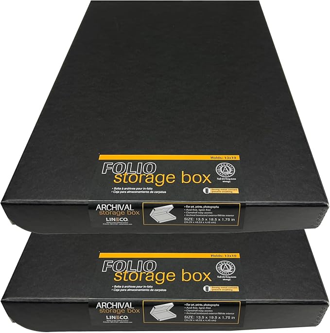 Lineco Folio Storage Box, Clamshell Design with Metal Edge. 13.5x19.5x1.75 Inches, Archival Boxboard, Preserve Photos, Cards, Magazines, Documents, Art, Ephemera, Family Records, Black, Pack of 2 by Lineco