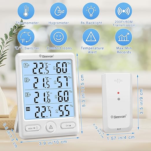 Geevon Indoor Outdoor Thermometer Wireless, 5-Inch Display Digital Hygrometer Thermometer Temperature Humidity Monitor with 3 Remote Sensors and Backlight, Battery-Powered(White) - Image 3