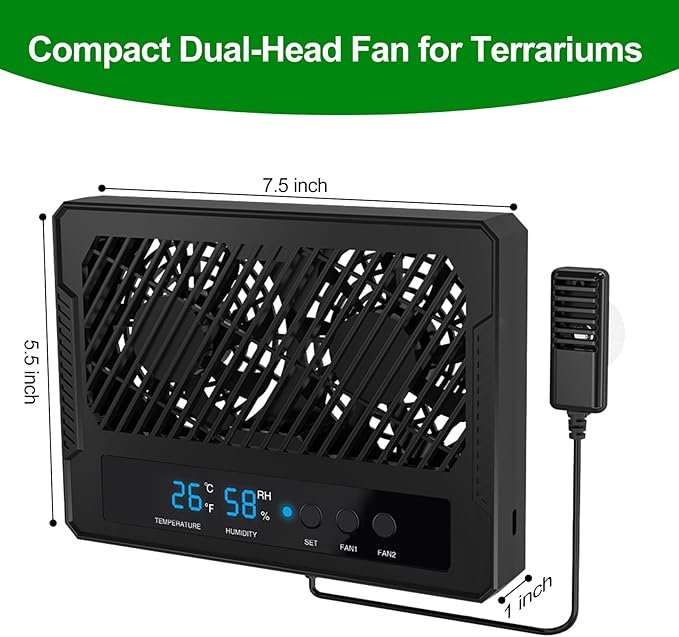 Reptile Dual-Head Temperature & Humidity Fan – Quiet Automatic Climate Control with Digital Display for Terrariums, Reptiles & Amphibians - Image 2