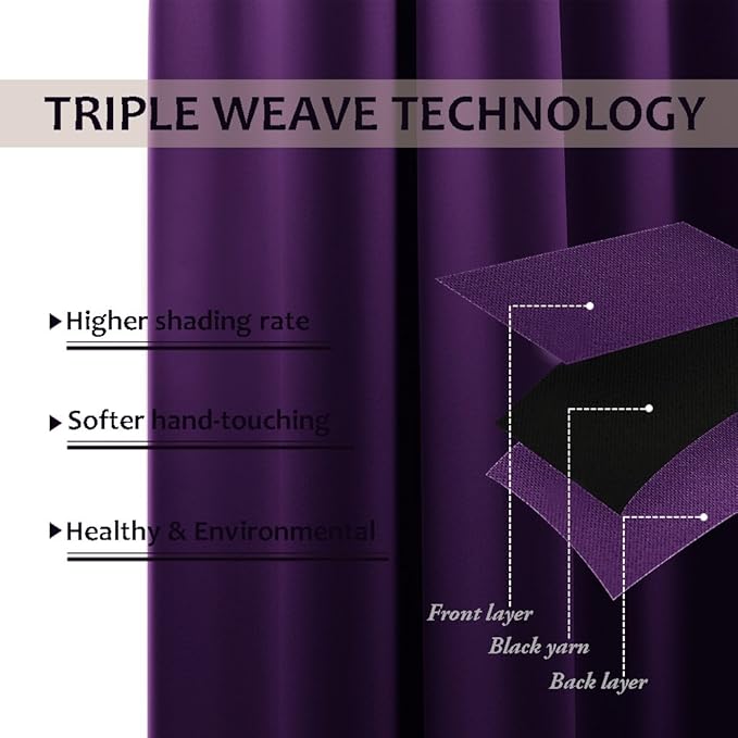 NICETOWN Energy Saving Blackout Darkening Drape, Triple Weave Home Decoration Thermal Insulated Solid Ring Top Blackout Curtain/Drape for Bedroom(1 Panel, 42 x 84 inch, Royal Purple) - Image 4