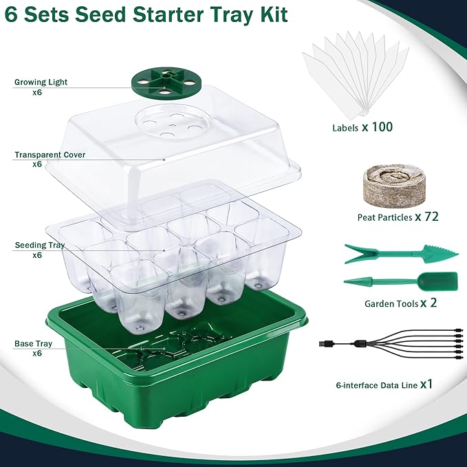 6 Pack Seed Starter Tray Kit with Grow Light and Humidity Dome Germination Trays, 72 Peat Pellets, Plant Labels, Gardening Tools, Green, Modern Style, 7.3 x 5.7 x 4.5 inches - Image 2