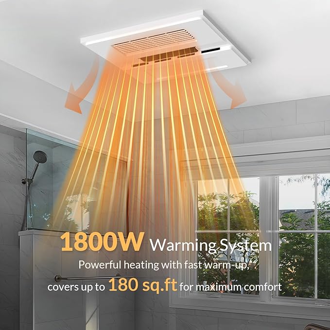 1800W Bathroom Exhaust Fan with Light and Heater, 110 CFM 4-in-1 Ceiling Vent Fan, 1.0 Sone Quiet Operation, 11.2” x 11.2” Ceiling Cutout, 13.8” Grille, 6500K LED Light, Metal Housing - Image 2