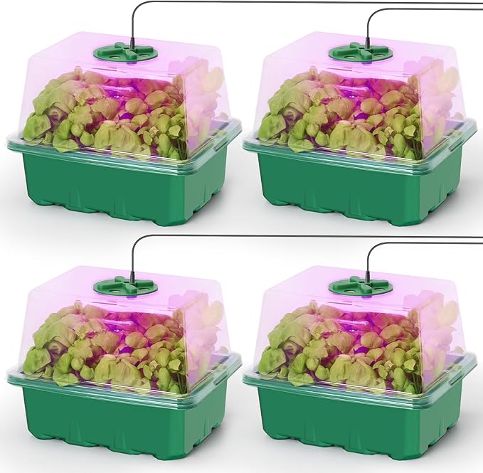 MIXC Seed Starter Kit with Grow Light, Elevated Seedling Tray Kit with Adjustable Humidity Dome and Clear Cell Tray, 12 Full Spectrum Led Beads for Seed Starting Greenhouse, 4 Pack, Green by MIXC