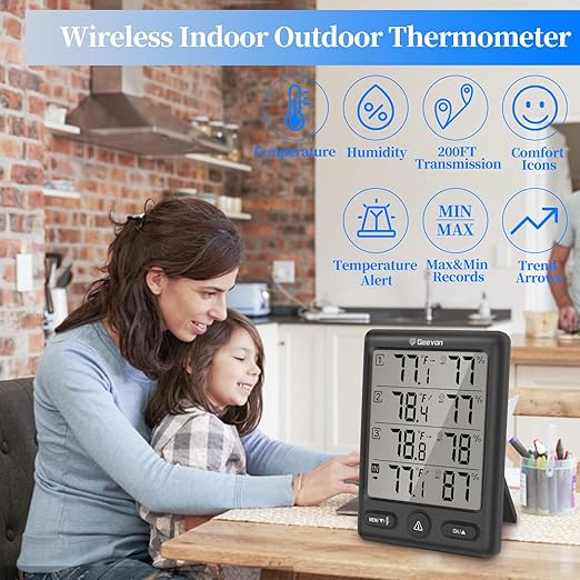Geevon Indoor Outdoor Thermometer Wireless with 3 Remote Sensors, Digital Hygrometer Thermometer, Wireless Temperature Humidity Monitor Gauge with 200FT/60M Range (Black) - Image 7