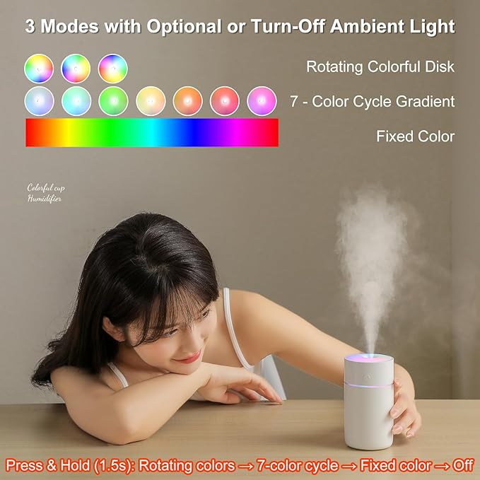 HODEMI Portable Mini Humidifier - Recharge Small Personal Desk Cold Mist Air Humidifier with Adjustable Colorful Atmosphere Light and 4/8 H Timer Sprays Modes for Car, Bedroom & Office (White) - Image 3
