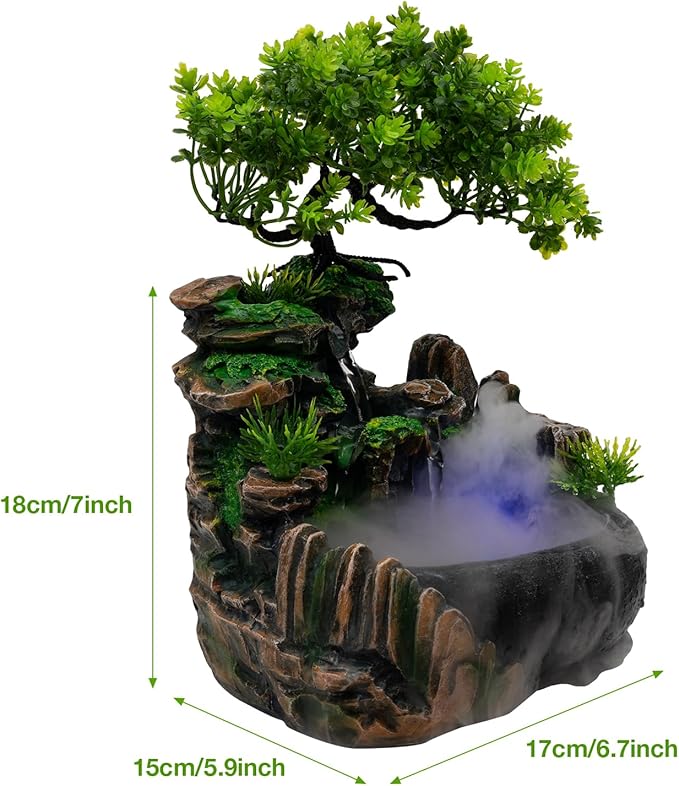 Tabletop Water Fountain with LED Lights – Resin Desktop Fountain for Home Office – Mist Humidifier, Relaxing Sound, Color-Changing – Decorative Indoor Garden Feature - Image 2