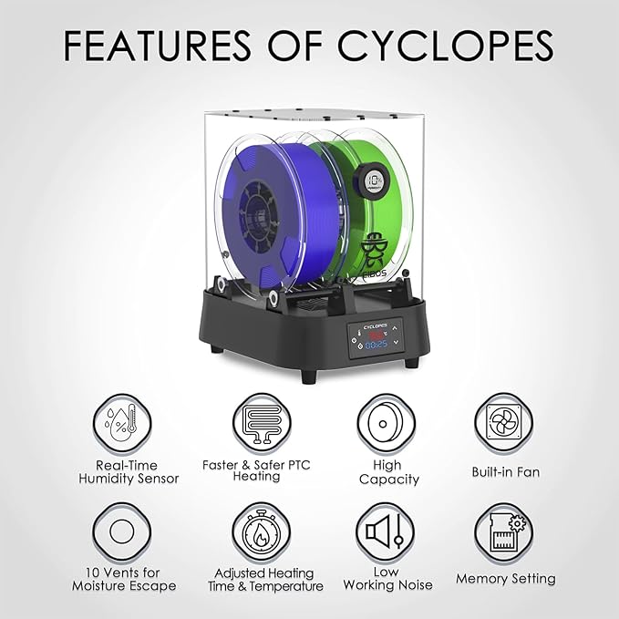 【EIBOS Official】3D Printer Filament Dryer Cyclopes with Fan, Filament Dry Box 2 Rolls with Adjustable Temp Max 70℃, Humidity Sensor, Infinite Timer, Compatible with 1.75mm 2.85mm 3.00mm PLA Nylon TPU - Image 7
