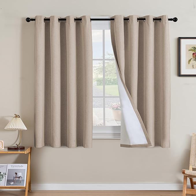 H.VERSAILTEX Linen Curtains 100% Blackout Curtains for Bedroom 54 inch Long Full Light Blocking Nature Linen Blended Window Curtains for Living Room Nickel Grommet (2 Panels, Heathered Sand) by HVERSAILTEX