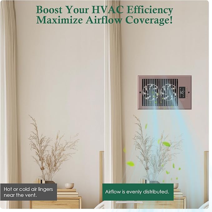 Register Booster Fan 6" x 10" with Negative Ion, Manual Airflow Direction Control, Quiet 10-Speed Heating Cooling AC Vent Fan with Remote & Thermostat Control for Wall Floor, Bronze - Image 6