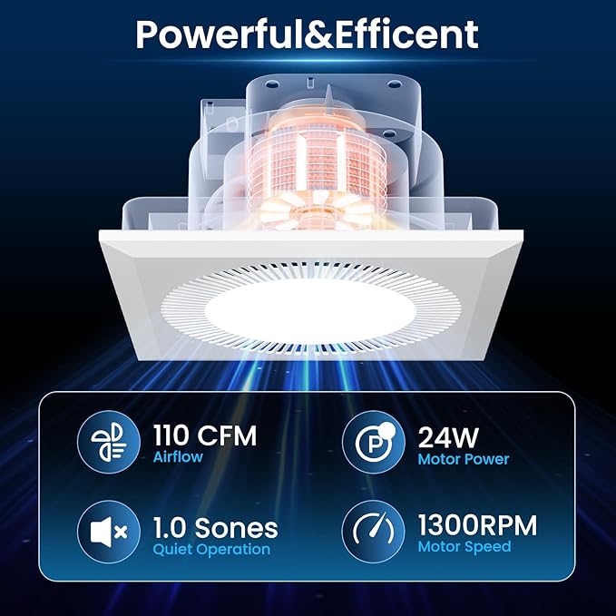 Hon&Guan Bathroom Exhaust Fan with Light, Upgraded Quiet Square Bathroom Vent Fan with Adjustable LED Light 3000K/4500K/6500K, 110 CFM, 1.0 Sones, Exhaust Fan with Light for Home Bath Hotel - Image 5