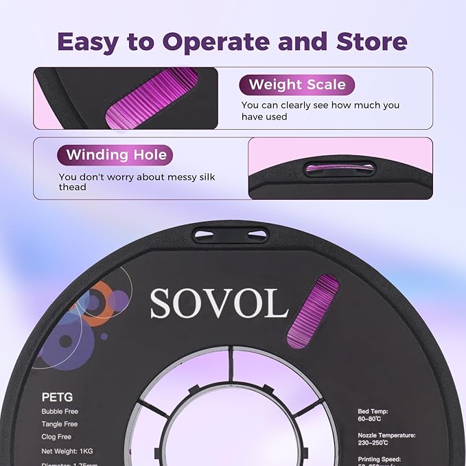 Sovol 3D Printer PETG Filament 1.75mm, Gradient Multicolors Filaments Material, 1kg (2.2lbs), Dimensional Accuracy +/- 0.03 mm, Fit Most FDM Printer, Purple - Image 7
