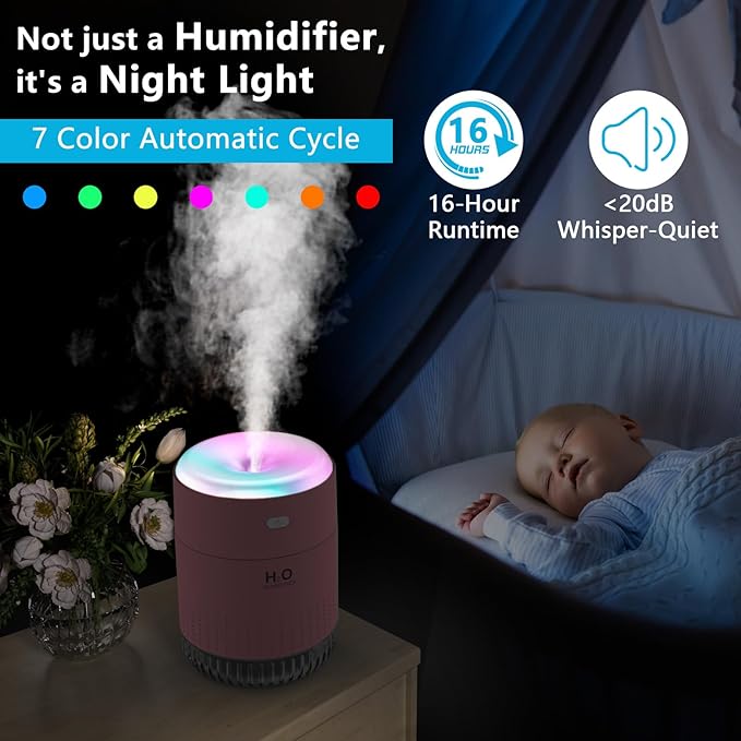 Colorful Mini Humidifier, USB Rechargeable Humidifier, 4 Modes Super Quiet, Humidifiers For Bedroom,Suitable For Travel Office Family-Rose Pink - Image 3
