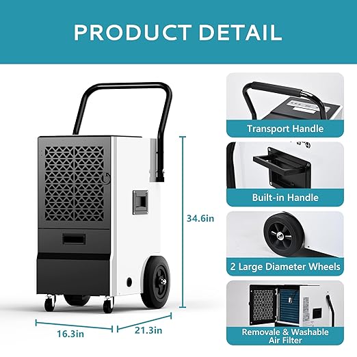 EUHOMY 160 Pints Commercial Dehumidifier with Pump,Large Dehumidifier for Basement With Drain Hose,Timer and 4 Wheels,Industrial Dehumidifiers for Flood Repair,Drying Basement,Warehouse and Factory - Image 5