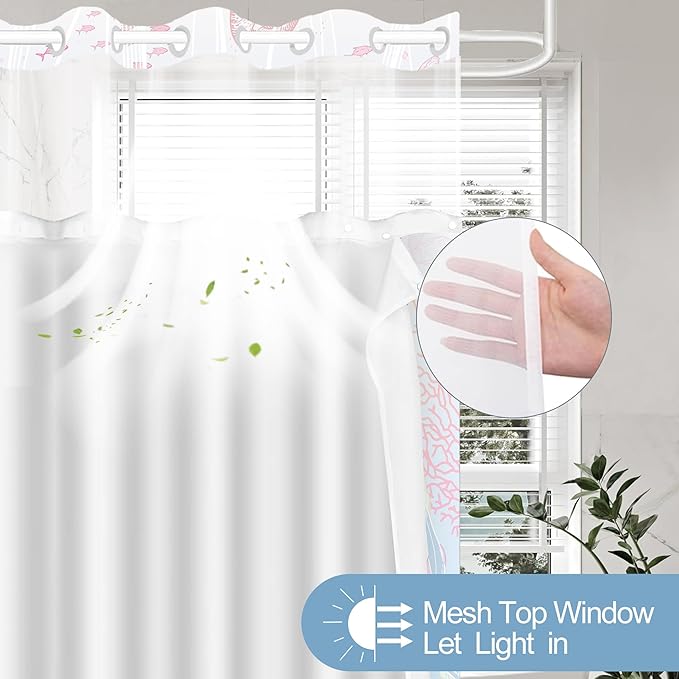 Extra Long No Hook Shower Curtain with Snap in Liner, Beach Ocean Nautical Coastal Shower Curtains and Liner Set for Bathroom, Seashell Bath Curtain, Waterproof Washable, Blue Pink 71"x84" - Image 4