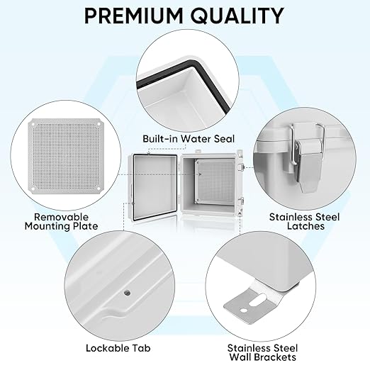TICONN Outdoor Electrical Box Waterproof, Junction Box IP67 ABS Plastic Enclosure with Hinged Cover with Mounting Plate, Wall Brackets, Cable Glands (Off-White, 11.8"x11.8"x7.1") - Image 5