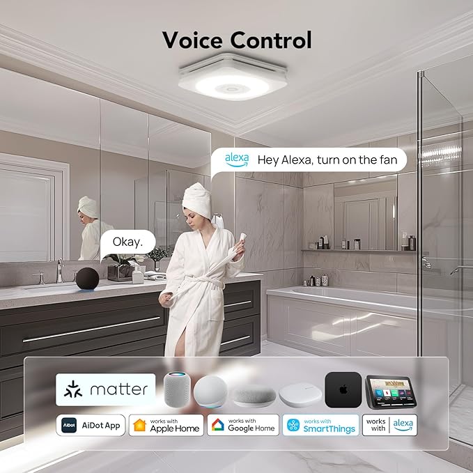 OREiN 4-in-1 Matter Smart Bathroom Exhaust Fan with Light, Bluetooth Speaker & Humidity Sensor, 110/160 CFM, 1500LM 2700K-6500K, Alexa/App/Remote Control, Required Ceiling Opening 11.39"x10.42" - Image 3