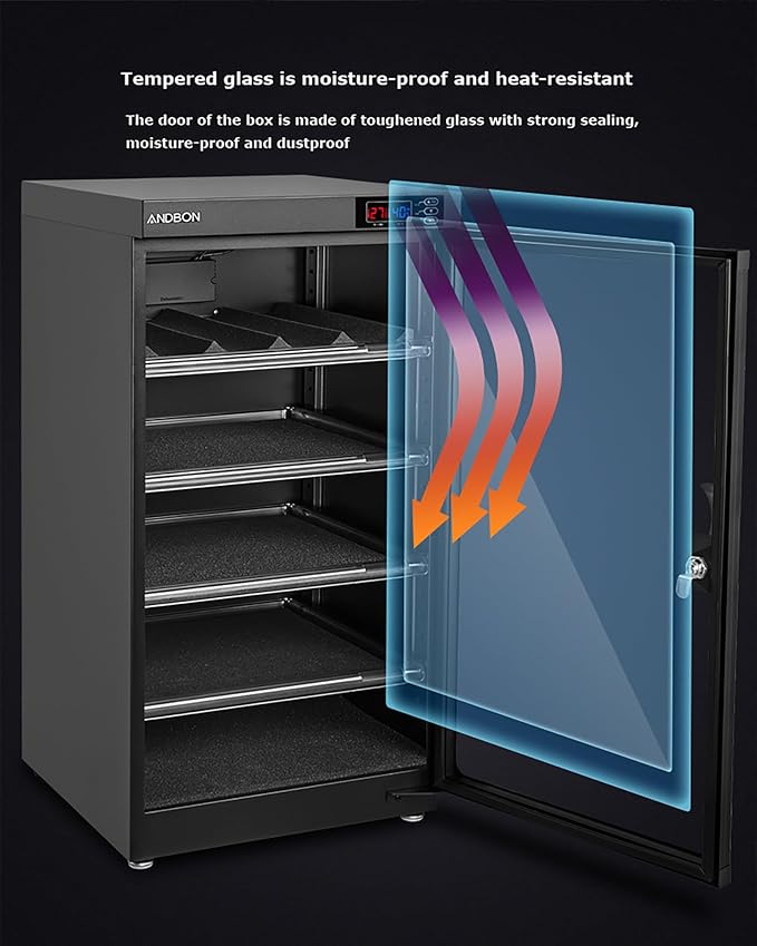100L Full Automatic Digital Camera Dehumidify Storage 5 Layers Digital Control Dry Box with Tempered Glass Door for Camera Lens and Electronic Equipment Storage - Image 7