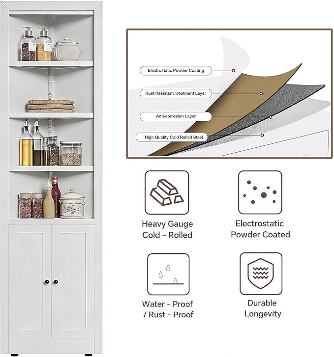 Metal Pantry Storage Cabinet with 4 Adjustable Shelves, 71" Tall Corner Cabinet for Bathroom, Corner Shelf Cabinet for Kitchen, Dining Room, Living Room, Assembly Required(White) - Image 5