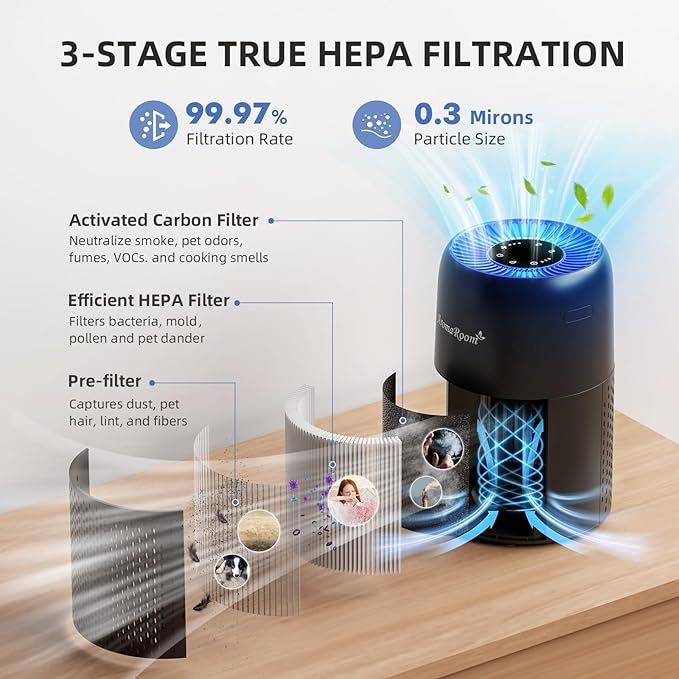 Air Purifiers for Home Bedroom, AromaRoom H13 HEPA Air Purifier Filter for Allergies, Pollen, Smoke, Dusts, Pets Dander, Odor, Hair, 22dB Quiet Air Cleaner for Room, Office, Dorm, AP100-B (Black) - Image 3