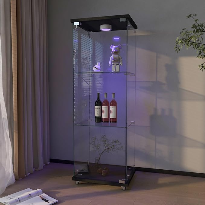 Yoluckea 3-Shelf Glass Display Cabinet with LED Lights, 1-Door Floor Standing Curio Cabinet with Universal Wheel for Home or Office, Black Glass Bookshelf for Collections, Decor, and Corner Display - Image 7