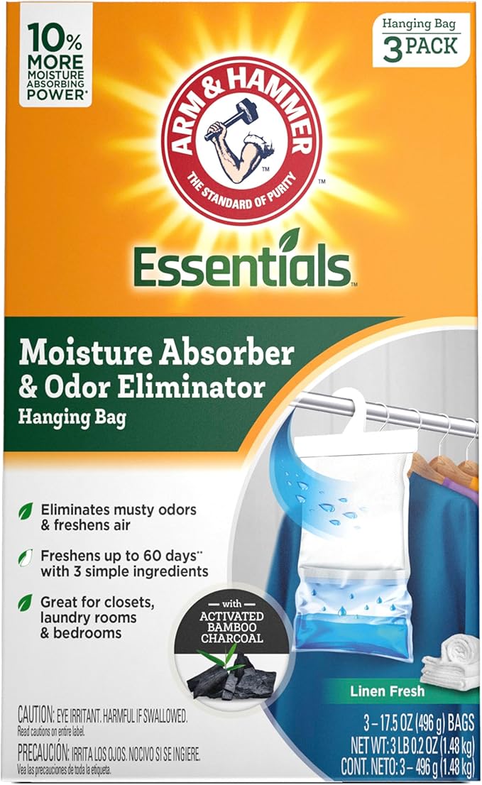 Arm & Hammer Essentials Hanging Moisture Absorber and Odor Eliminator, 17.5 oz., 3 Pack, Linen Fresh, Moisture Absorbers for Closets, Laundry Rooms and Bedrooms, Long-Lasting Freshness by ARMHAMMER