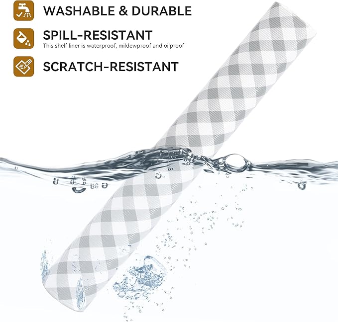 RAY STAR Shelf Liners for Kitchen Cabinets Non-Adhesive, 18 Inch X 8 Feet Cabinet Liners for Shelves Waterproof Non Slip Grip Bottom Drawer Pantry Liner Gingham Checkered Grey (2 Rolls) - Image 2