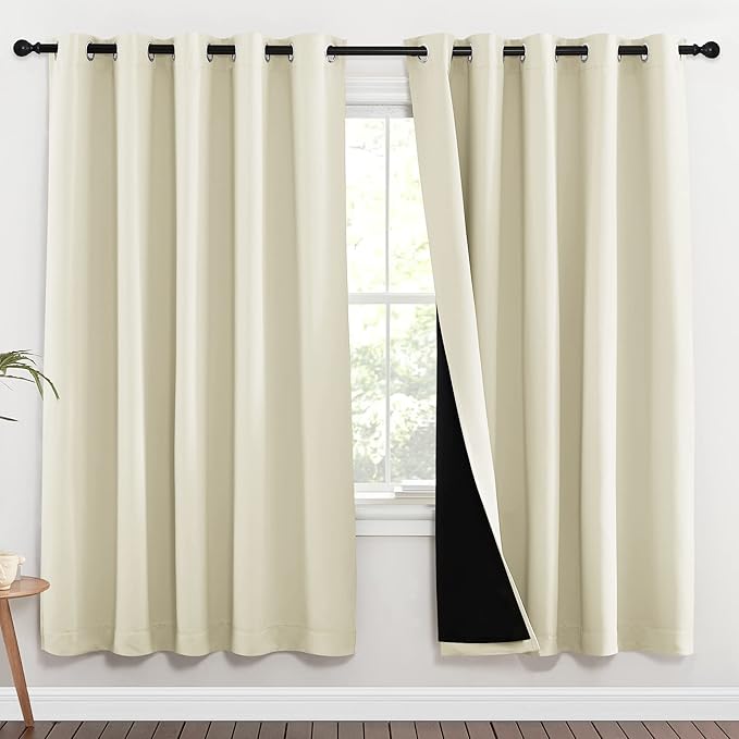 NICETOWN Living Room Completely Shaded Draperies, Privacy Protection & Noise Reducing Ring Top Drapes, Black Lined Insulated Window Treatment Curtain Panels (Beige, 2 Pieces, W70 x L72) - Image 2