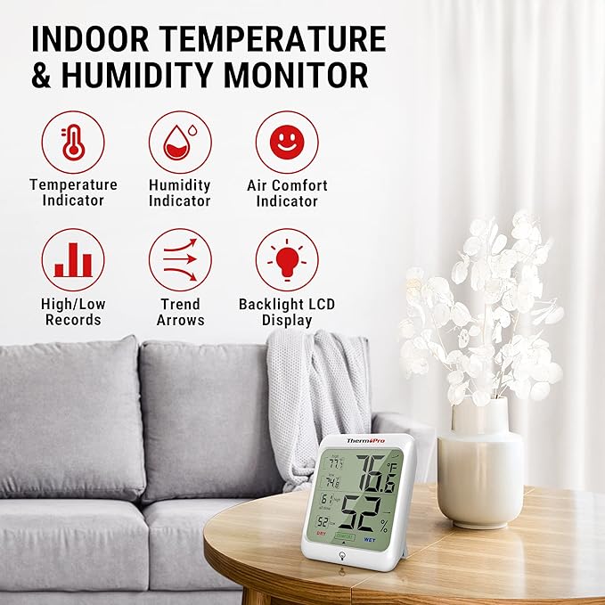 ThermoPro TP53 2 Pack Digital Hygrometer Indoor Thermometer for Home, Temperature Humidity Sensor with Comfort Indicator & Max Min Records, Room Thermometer Humidity Meter with Backlight Display - Image 2