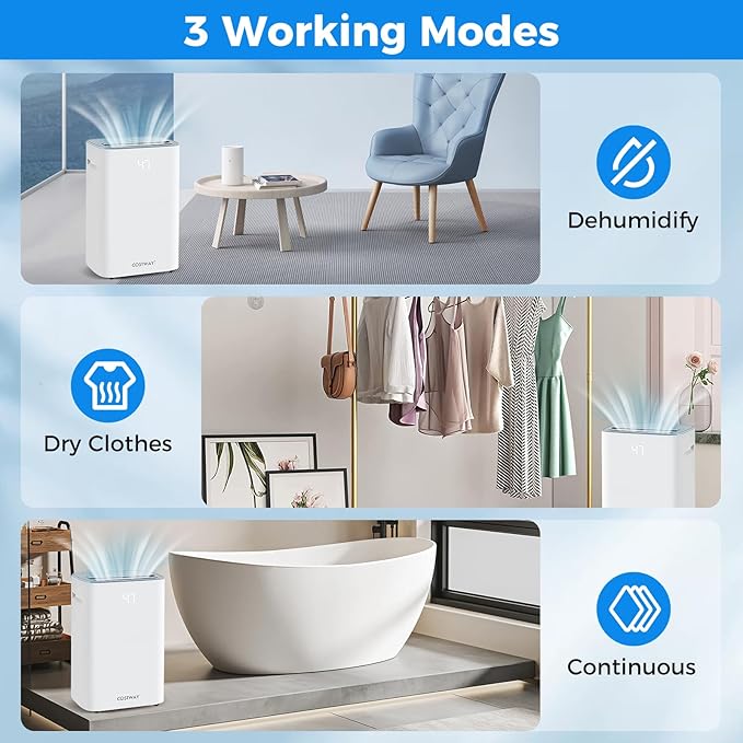 COSTWAY 52 Pint Dehumidifier for Basement, 3.3 FT Drain Hose, Clothes Drying Modes, Auto Defrost, Child Lock & 24H Timer, Home Dehumidifier for Bedroom, Bathroom, Garage - Image 3