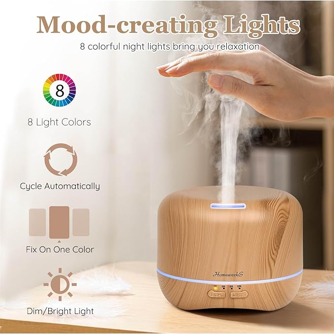 Homeweeks 300ml Essential Oil Diffuser, Quiet Aromatherapy Mist Diffusers for Essential Oils, Wood Grain, Ultrasonic, Remote Control, Timer, 7 Colors Light for Bedroom (300ml Yellow Wood Grain) - Image 5