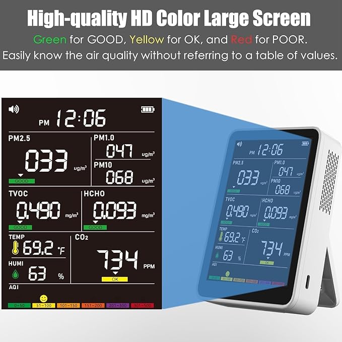 Professional Indoor Air Quality Monitor with AQI, Portable Real-Time Detector for Home Cars Plants and Pets (White) - Image 3