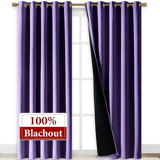 NICETOWN Total Shade Curtains and Draperies, Heavy-Duty Full Light Shading Drapes with Black Liner Backing for Villa/Hall/Dorm Window(Lilac Purple, Package of 2, 70 inches Wide x 95 inches Long) - Image 2