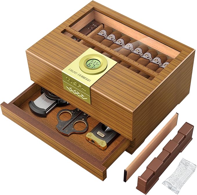 TISFA Cigar Box Handcrafted Humidor with Hygrometer and Humidifier, Cedar Wooden Humidor Case with Drawer, Divider, Cigar Length Gauge, Desktop Humidor Box Gifts Cigar Accessories (Light) by TISFA
